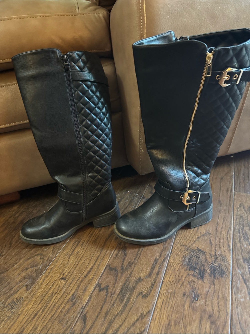 Black Quilted Knee-High Riding Boots with Gold Hardware. Worn twice.